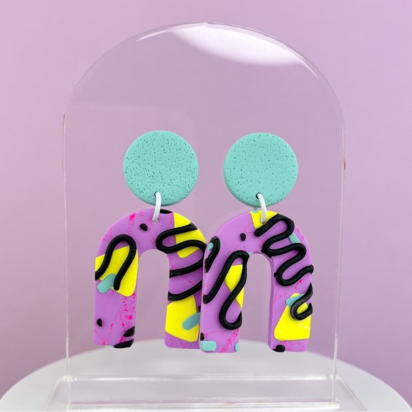 Jewelry - 80s Memphis Style Pattern Polymer Clay Dangle Earrings Handmade Funky Re…